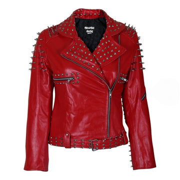 Women's Red Studded Sheep Leather Jacket - Genuine Spiked Biker Leather Jacket, Gothic Punk Rock Style, Bold Fashion Statement Jackets