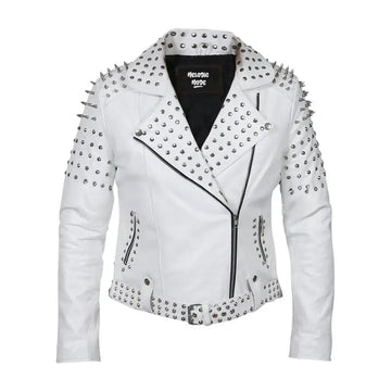Women's White Studded Sheep Leather Jacket - Punk Rock Spiked Biker Jacket, Gothic Moto Style, Bold Statement Piece Motorcycle Jacket