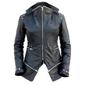 Women's Black Studded Sheep Leather Trench Coat - Gothic Asymmetrical Zipper Coat with Spikes Punk Rock Biker Style Jacket, Handmade Outerwear