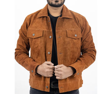 Men's Real Tan Brown Suede leather Trucker Jacket Shirts Vintage Classic Biker Shirts Jackets