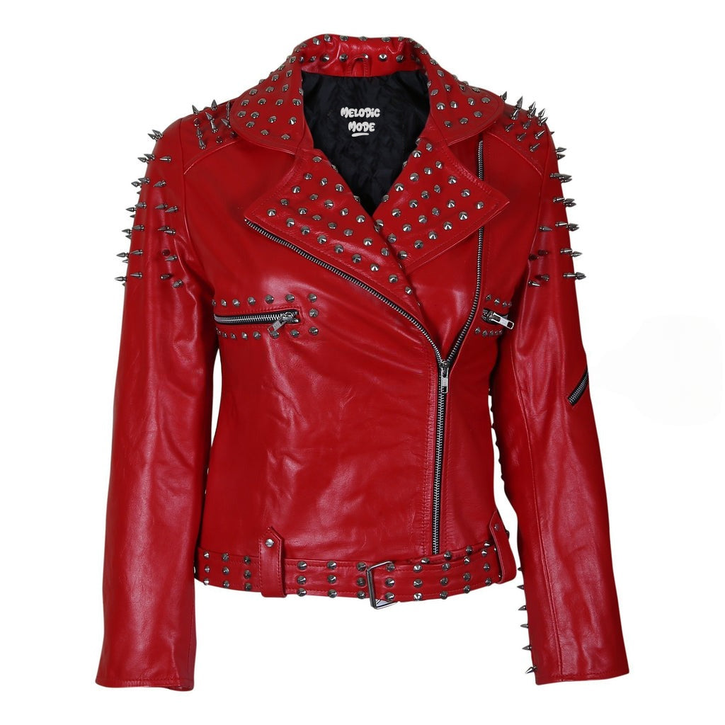 Women's Red Studded Sheep Leather Jacket - Genuine Spiked Biker Leather Jacket, Gothic Punk Rock Style, Bold Fashion Statement Jackets