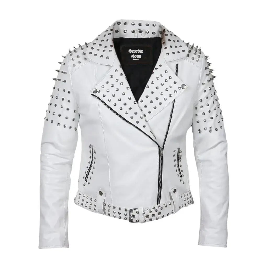 Women's White Studded Sheep Leather Jacket - Punk Rock Spiked Biker Jacket, Gothic Moto Style, Bold Statement Piece Motorcycle Jacket