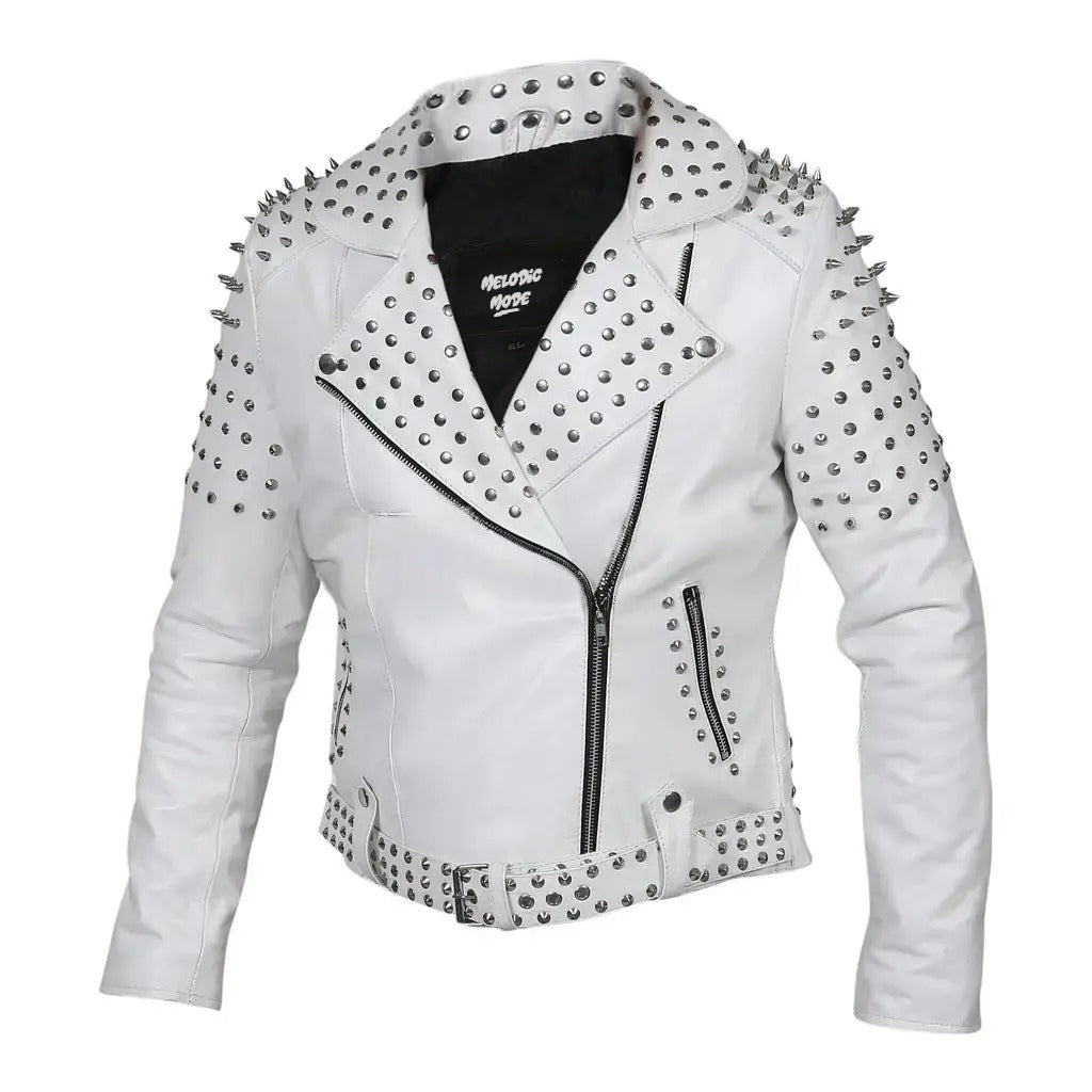 Women's White Studded Sheep Leather Jacket - Punk Rock Spiked Biker Jacket, Gothic Moto Style, Bold Statement Piece Motorcycle Jacket