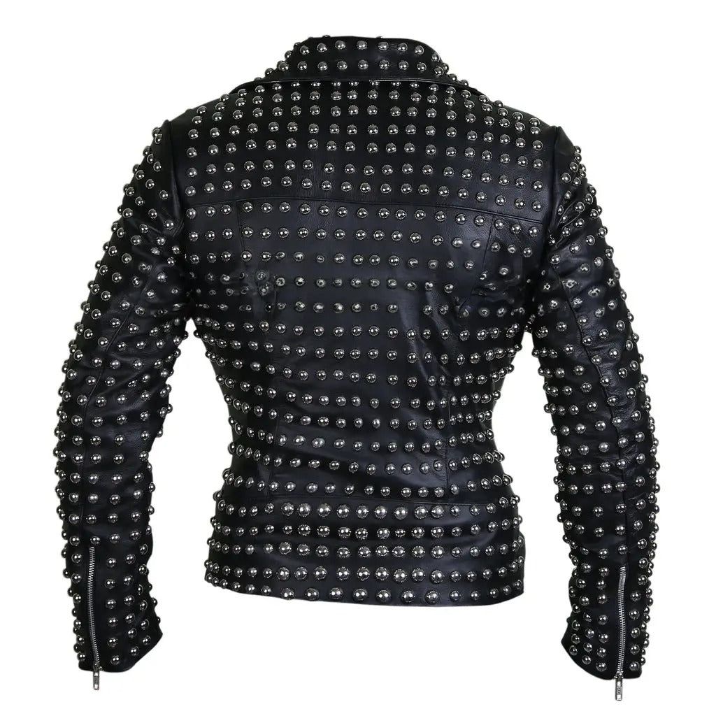 Women's Black Studded Sheep Leather Jacket - Punk Rock Spiked Biker Jacket, Gothic Moto Style Handmade Bold Concert Statement Leather Jacket