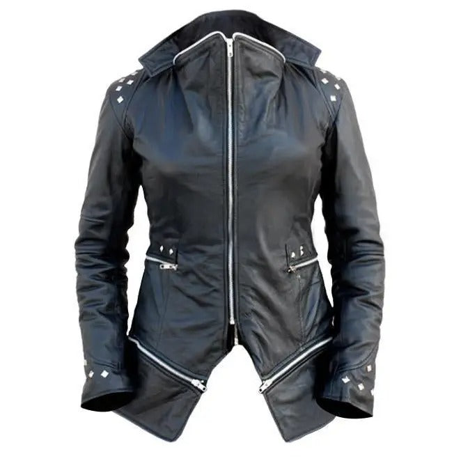 Women's Black Studded Sheep Leather Trench Coat - Gothic Asymmetrical Zipper Coat with Spikes Punk Rock Biker Style Jacket, Handmade Outerwear