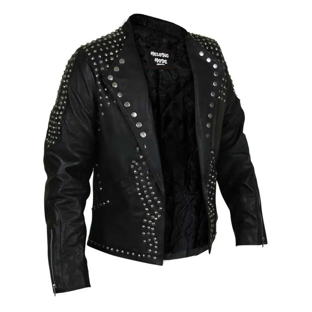 Men's Sheep Skin Black Studded Leather Blazer - Gothic Punk Rock Jacket with Silver Studs, Biker Style Blazer Jacket Handmade Outerwear