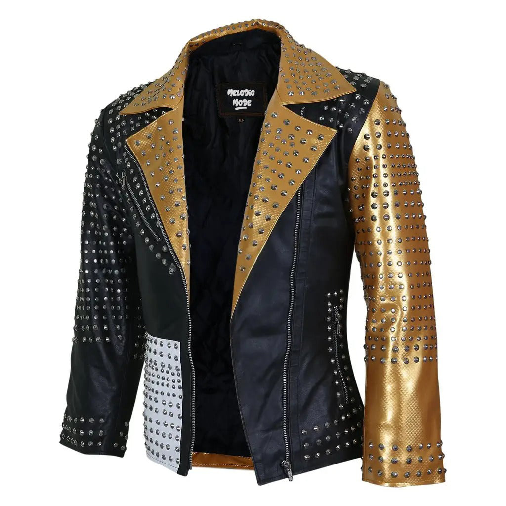 Men's Black and Gold Studded Sheep Leather Jacket - Gothic Multicolor Biker Jacket with Silver Accents Handmade Punk Rock Outerwear Jacket