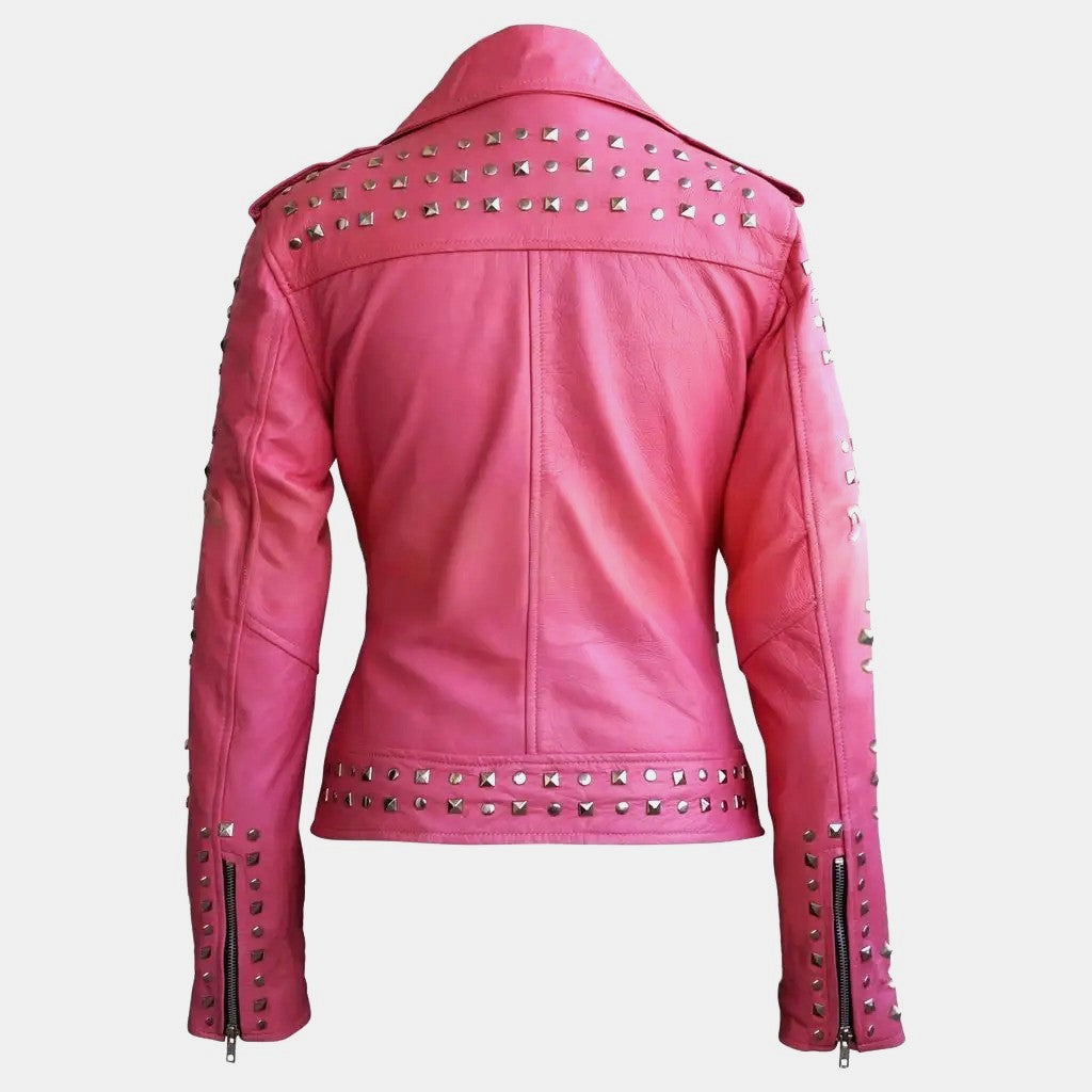 Women's Pink Studded Sheep Leather Jacket - Genuine Spiked Biker Leather Jacket, Gothic Punk Rock Style, Bold Fashion Statement Jackets