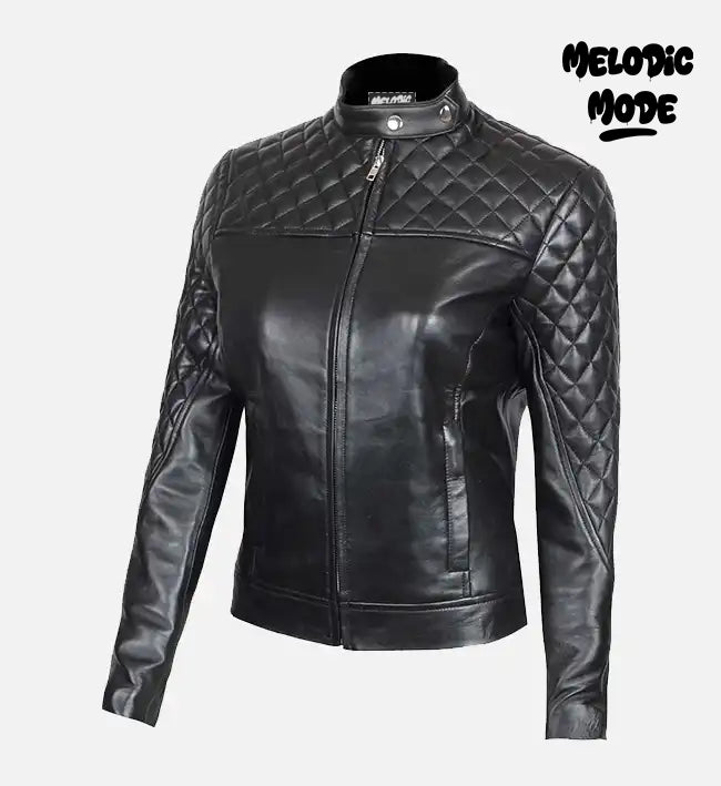 Black Quilted Leather Jacket for Women | Slim-Fit Cafe Racer Style | 100% Sheepskin Real Leather | Biker Motorcycle Jacket with Snap-Tab