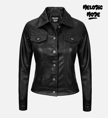 Black Button-Up Leather Jacket for Women | Classic Trucker Style | 100% Pure Sheepskin Real Leather | Slim-Fit Outerwear with Silver Buttons