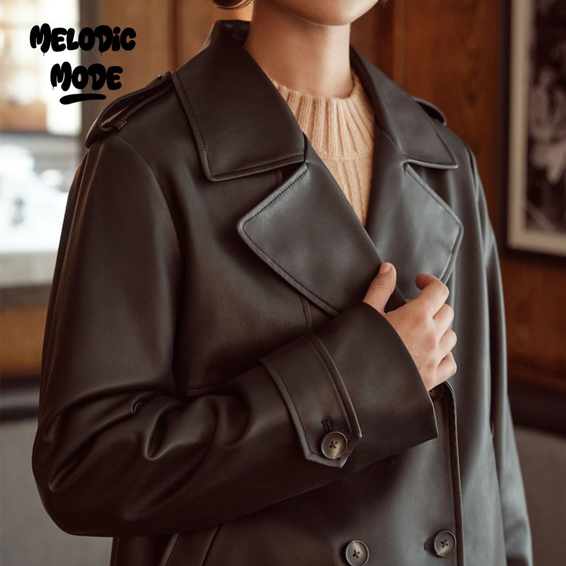 Cropped Faux Leather Trench Coat for Women | Double-Breasted Black Jacket with Wide Lapels and Pockets