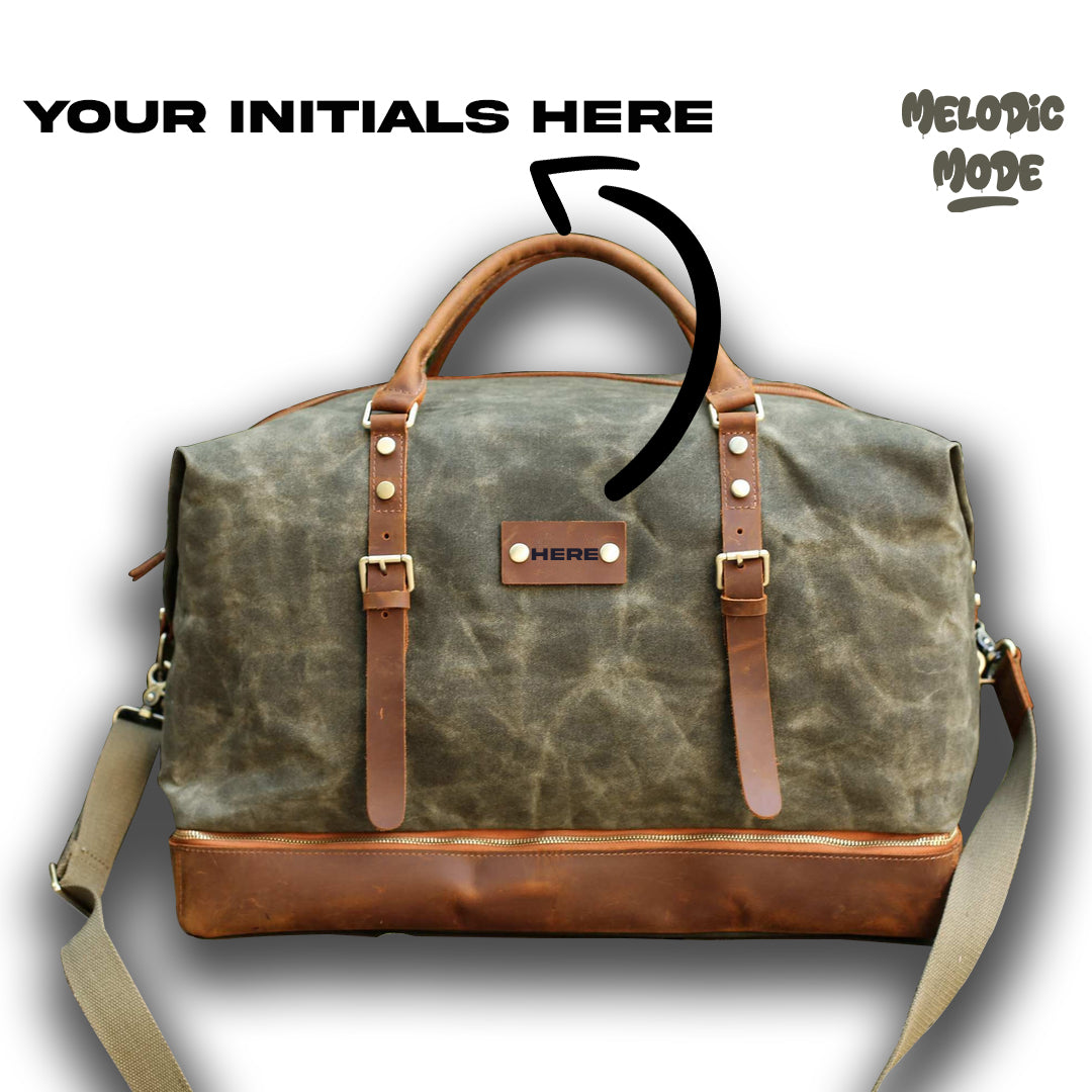Waxed Canvas Duffel Bag with Leather Straps – Personalized Travel Bag for Men & Women, Weekender Overnight Bag with Shoe Compartment