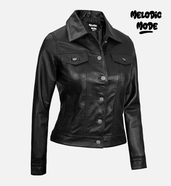 Black Button-Up Leather Jacket for Women | Classic Trucker Style | 100% Pure Sheepskin Real Leather | Slim-Fit Outerwear with Silver Buttons