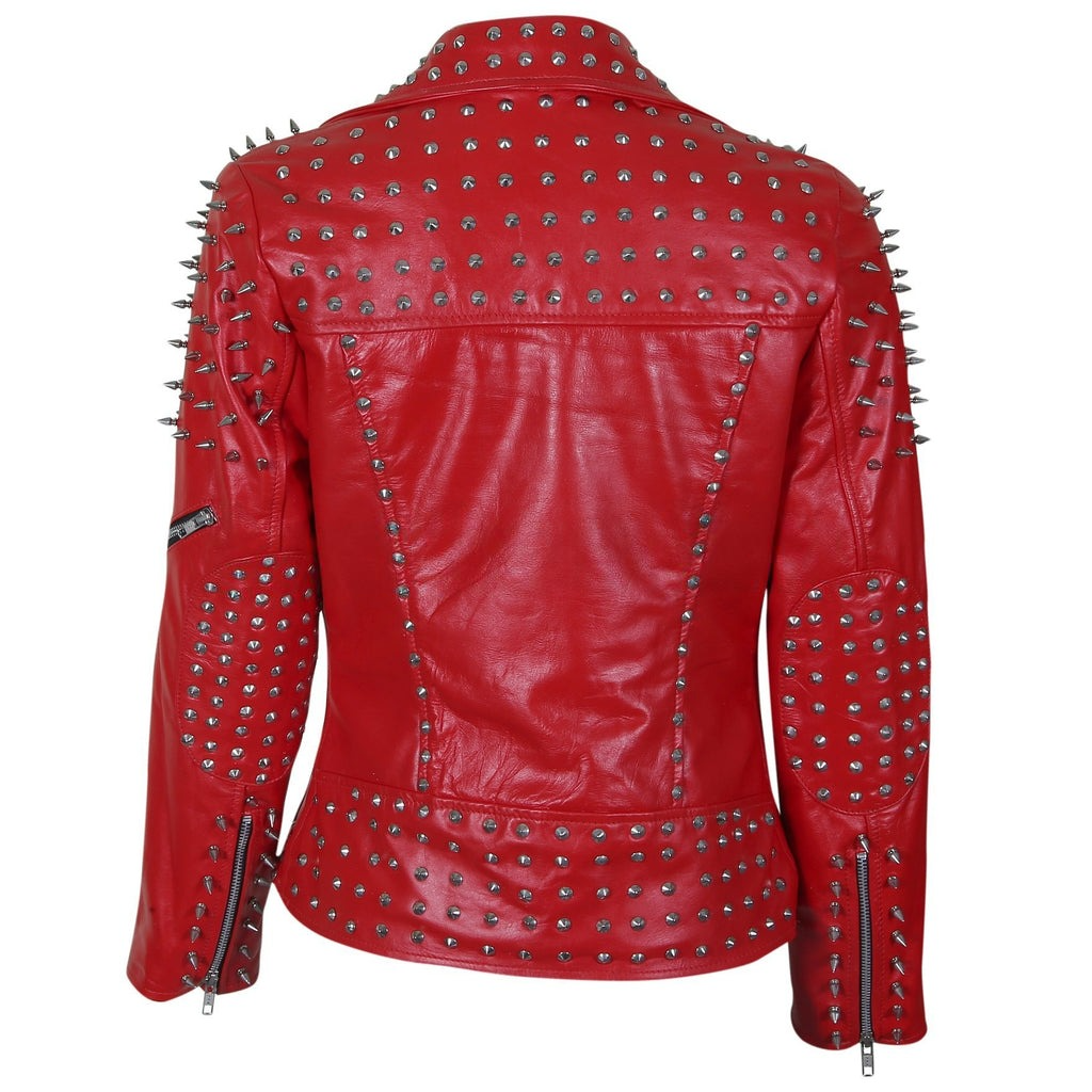 Women's Red Studded Sheep Leather Jacket - Genuine Spiked Biker Leather Jacket, Gothic Punk Rock Style, Bold Fashion Statement Jackets