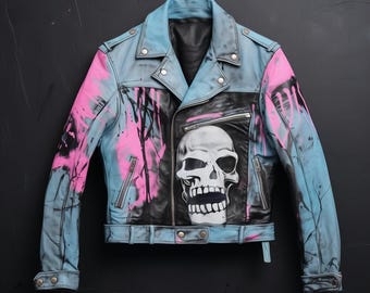 Custom Hand-Painted Skull Leather Jacket | Unique Biker Jacket with Neon Graphic Design | Edgy Gothic Streetwear | Unisex Art Jacket