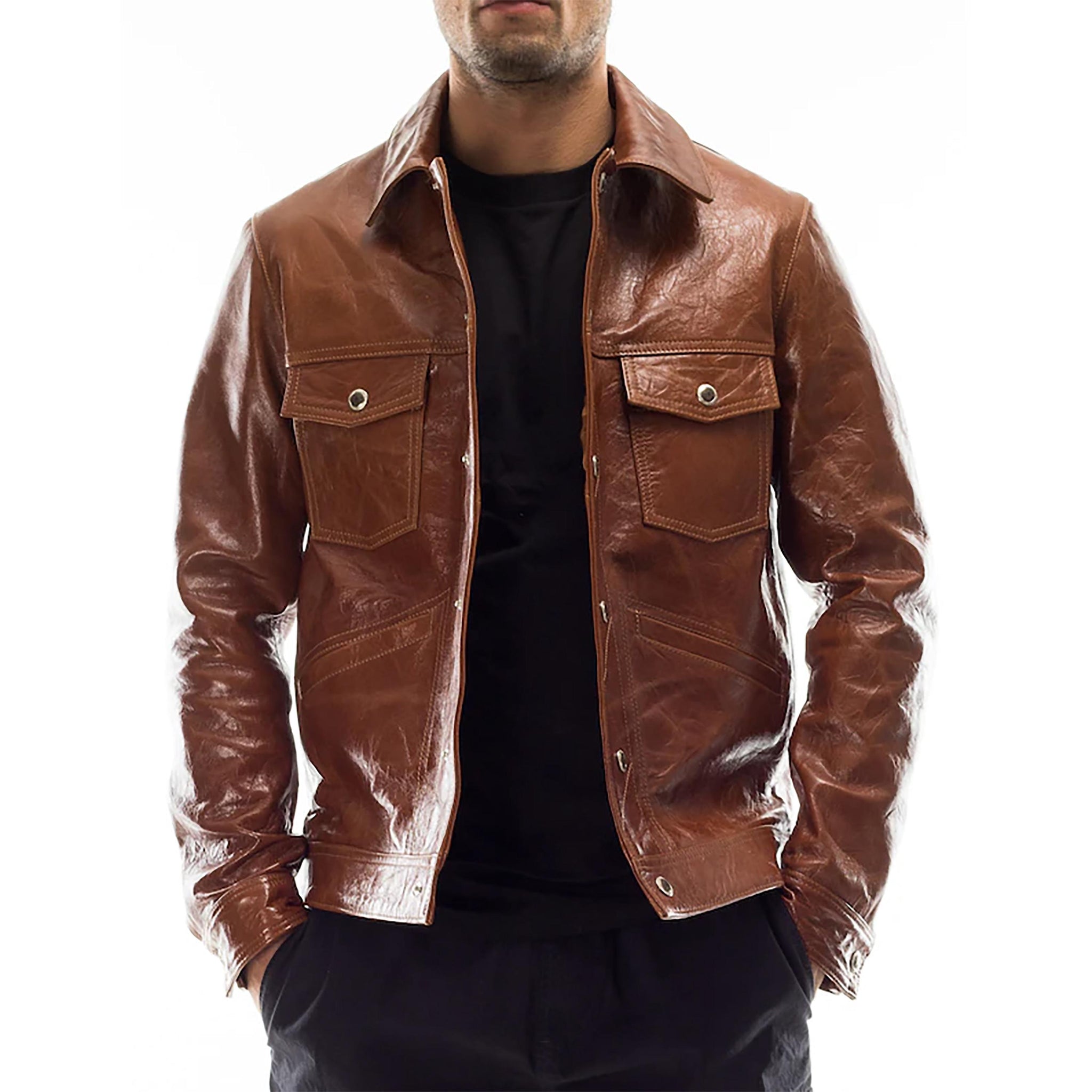 Men's Brown Leather Trucker Jacket, Chestnut Brown Western Biker Leather Jacket, Vintage Distressed Handmade leather Jacket, Gift for Him
