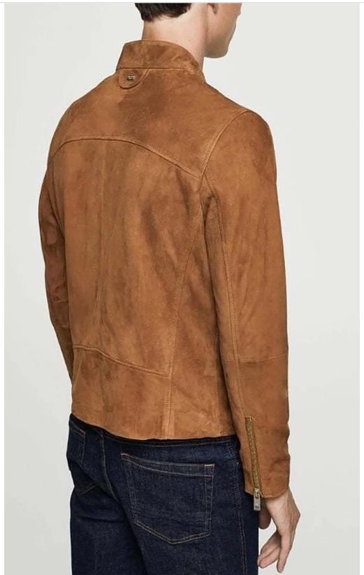 Men's Brown Suede leather Trucker Jacket Cowboy With Chinese Collar Vintage Classic Jackets Hand Made Stylish Premium Quality Gift for Men