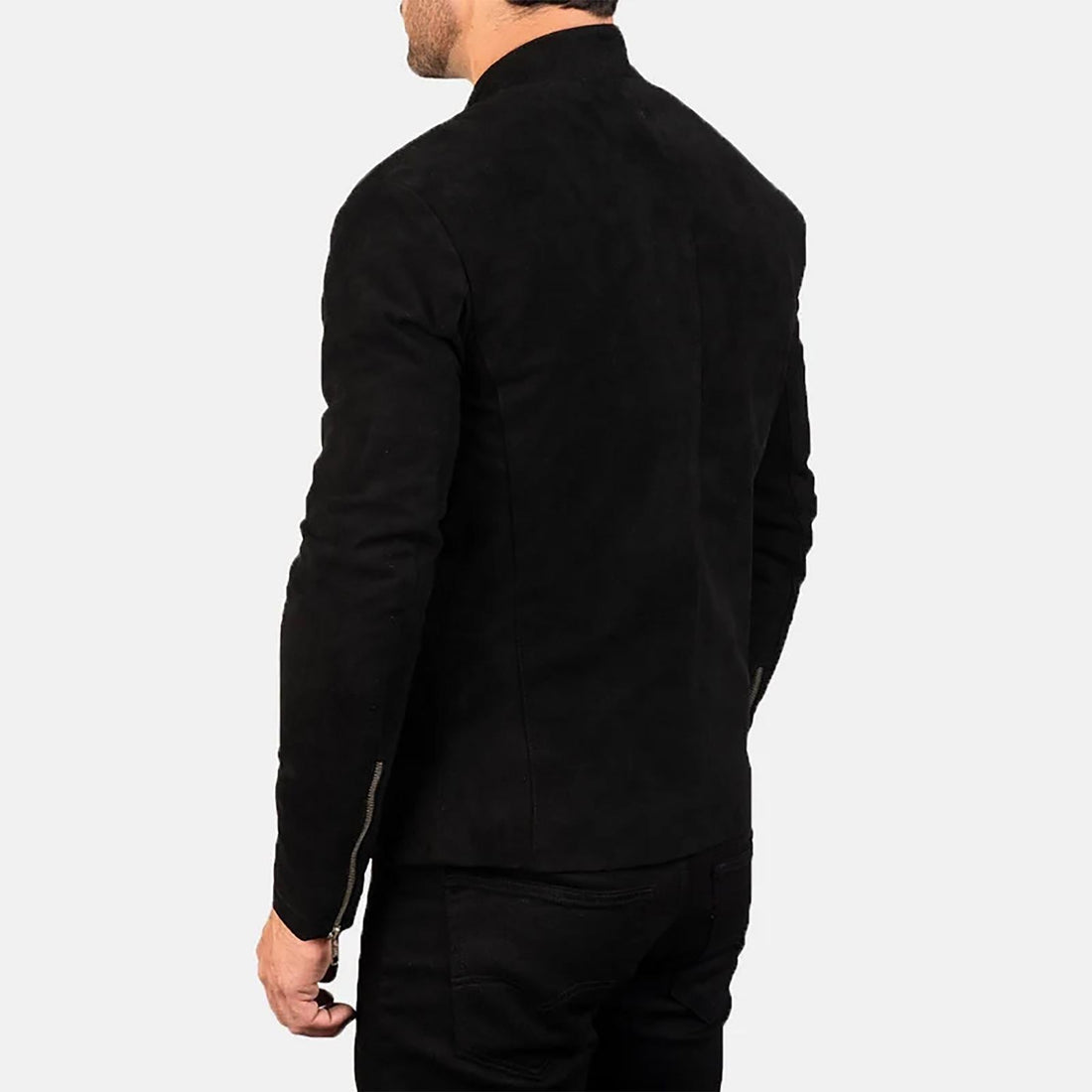 Men’s Leather Black Suede Leather Jacket, Dual Zipper Minimalist Jacket with Stand Collar Warm Handmade Biker Jacket Western Style