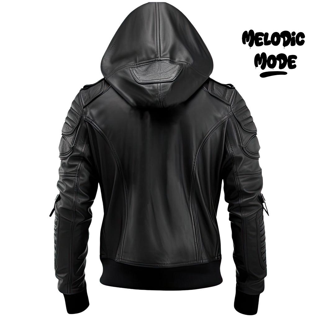Men’s Sheepskin Black Leather Jacket Biker Zip up Hooded leather jacket Handmade Padded Hood Jacket with Ribbed Cuffs & Hem