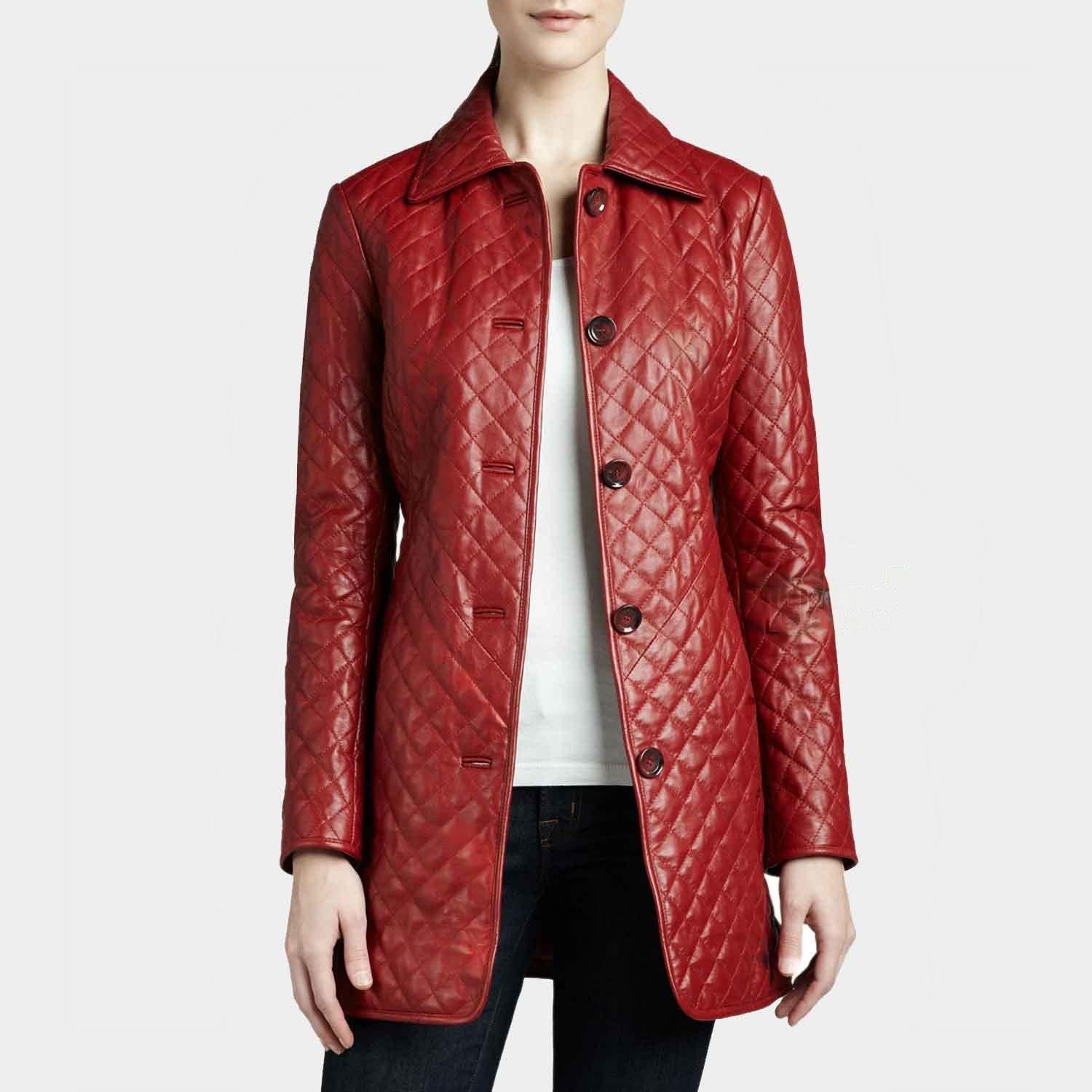 Women’s Sheep Skin Red Leather QuIlted Trench Coat, Handmade Stylish Button Up Ladies Long Coat Luxury Winter Outerwear Classic Trench Coat