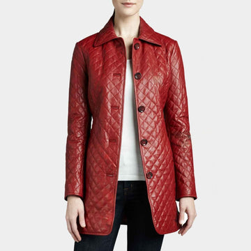Women’s Sheep Skin Red Leather QuIlted Trench Coat, Handmade Stylish Button Up Ladies Long Coat Luxury Winter Outerwear Classic Trench Coat