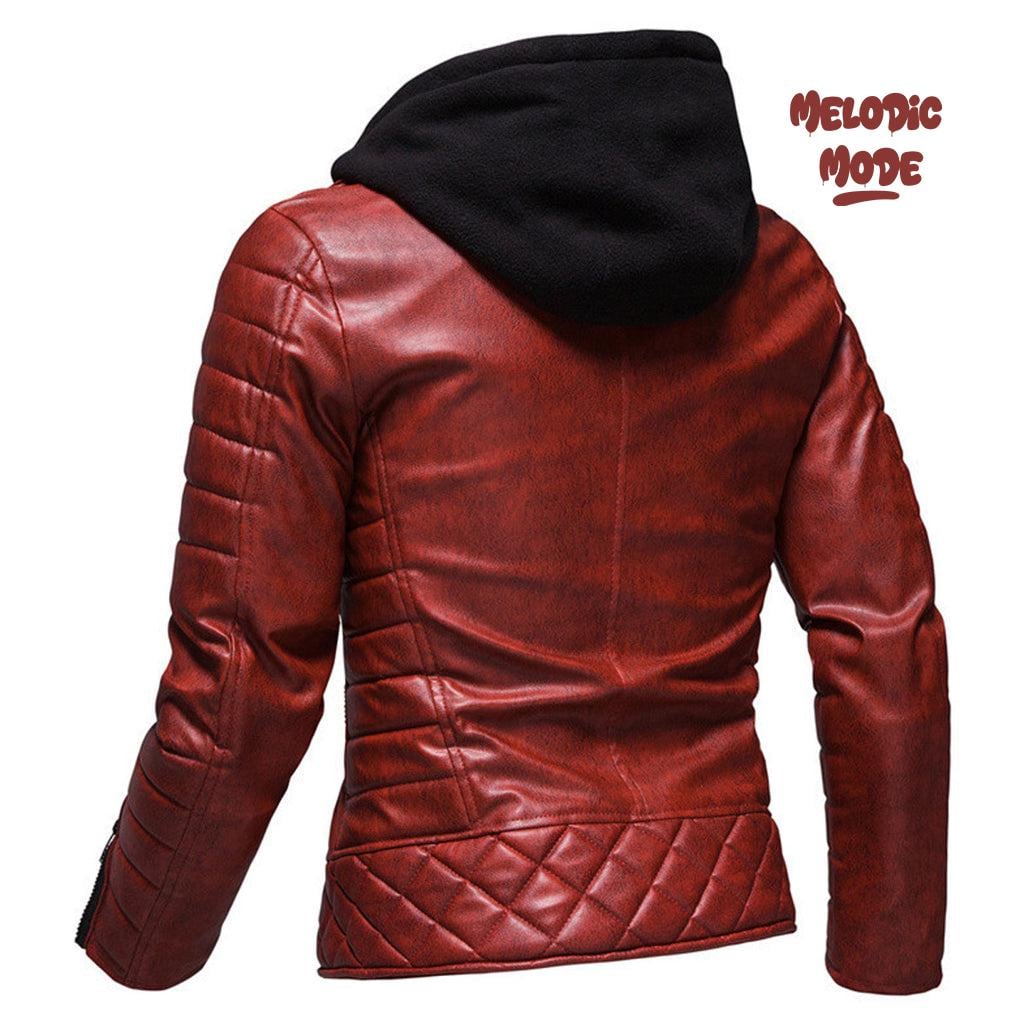 Men’s sheepskin Red Leather Jacket Hooded Moto Jacket Dual Zipper Handmade Leather Biker Jacket Quilted Outerwear Gothic Style Jacket