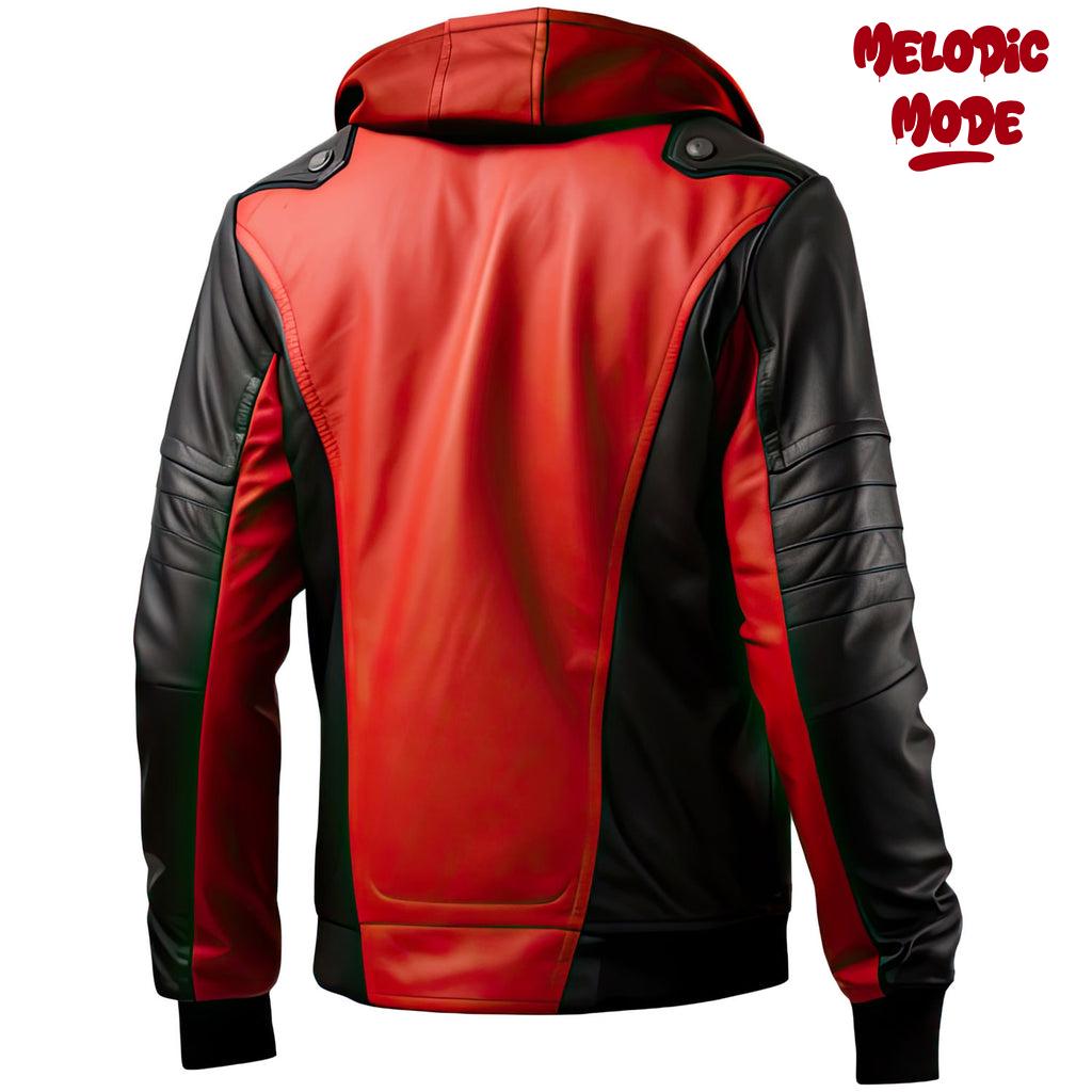 Men’s Red & Black Hooded Sheep Leather Jacket Stylish Motorbike Zip up Jacket with Stand collar Handmade Retro Gamer Jacket Hoodie Jacket