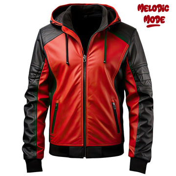 Men’s Red & Black Hooded Sheep Leather Jacket Stylish Motorbike Zip up Jacket with Stand collar Handmade Retro Gamer Jacket Hoodie Jacket