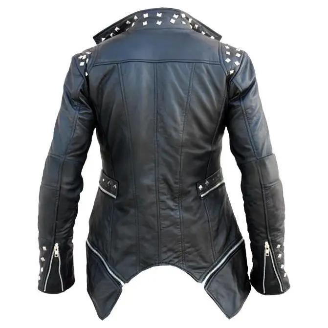 Men's Black Studded Sheep Leather Trench Coat - Gothic Asymmetrical Zipper Coat with Spikes Punk Rock Biker Style Jacket, Handmade Outerwear