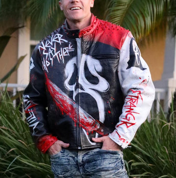 Custom Hand-Painted Leather Jacket – Scream Mask Art, Bloody Horror Movie Design, Unique Punk Streetwear, Ghostface Horror Jacket