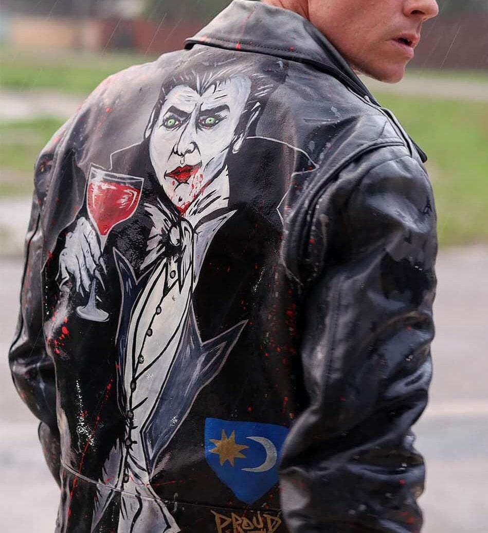 Custom Hand-Painted Leather Jacket – Vampire Artwork, Bloody Gothic Horror Design, Punk Streetwear, Unique Horror Art Jacket, Unisex Slim