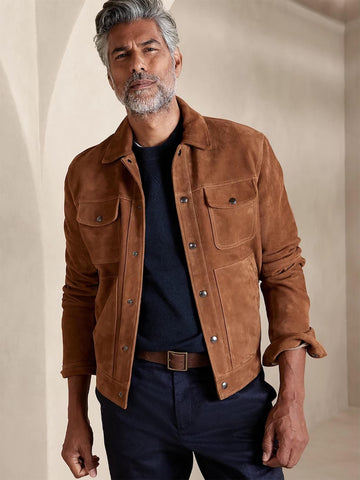 Men’s Tan Brown Suede Leather Trucker Jacket, Western Style Biker Button Up Jacket Classic Rustic Handmade Retro Men’s Jacket
