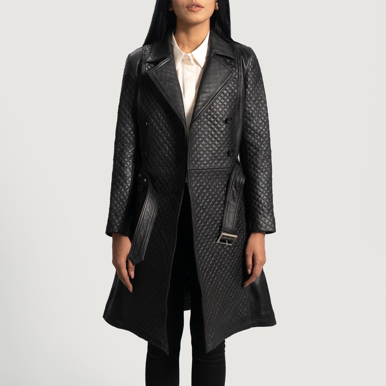 Women’s Sheep Leather Quilted Black Trench Coat, Handmade Double Breasted Long Outerwear Coat, Vintage Belted Leather Coat for Ladies